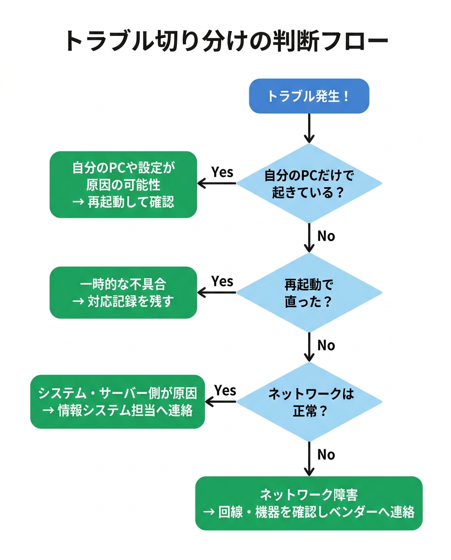 トラブル切り分けの判断フローチャート(自分のPCだけか→再起動で直るか→ネットワークは正常かのYes/No分岐)